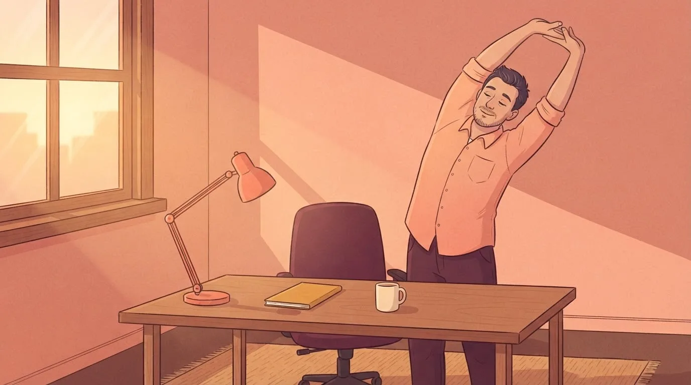 A man standing beside his desk in morning light with his arms raised overhead in a side stretch, a short stretching break during a workday spent sitting