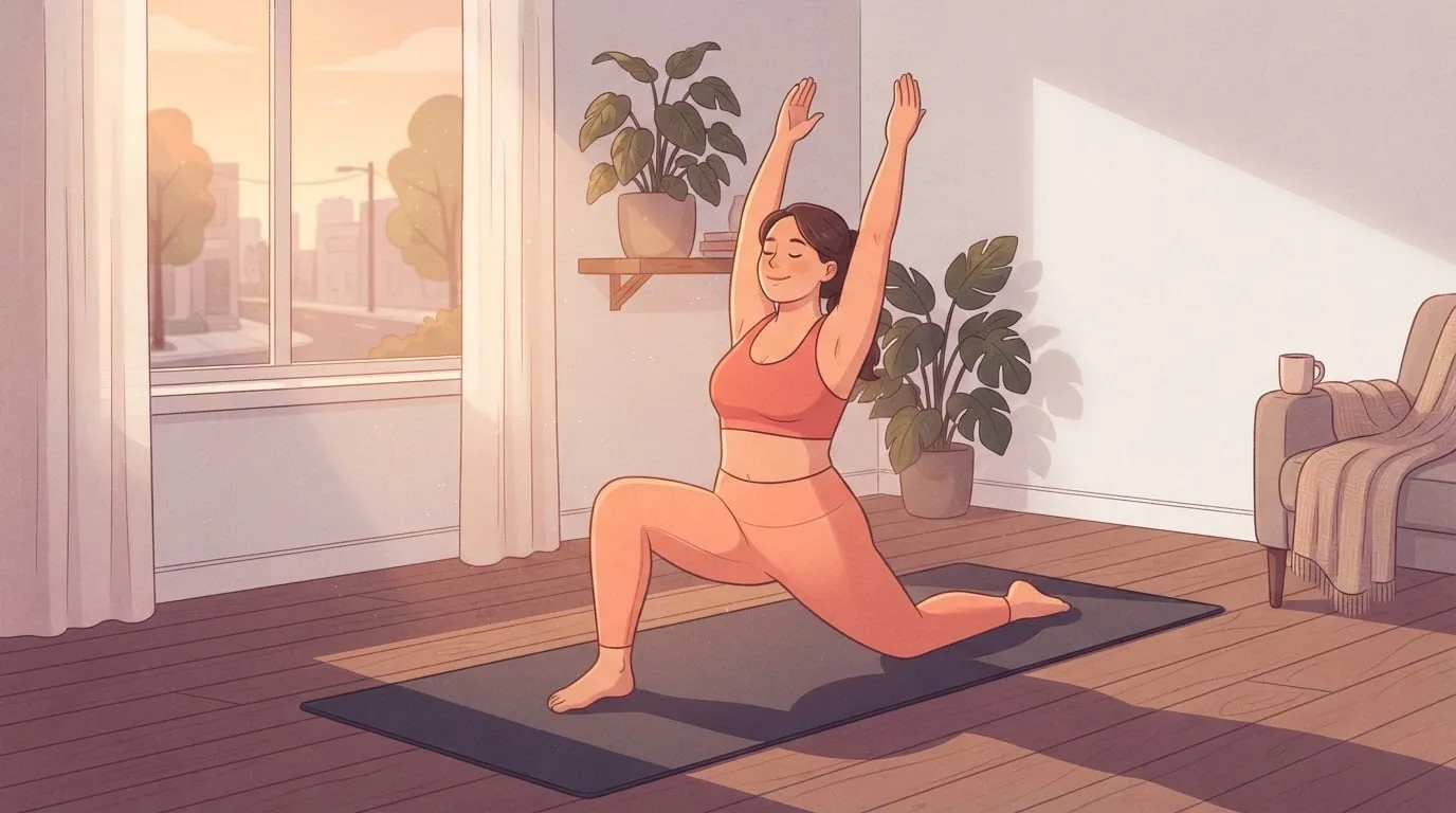 A woman in a low lunge with her arms raised on an exercise mat in a sunlit living room at sunrise, a short daily stretching session at home