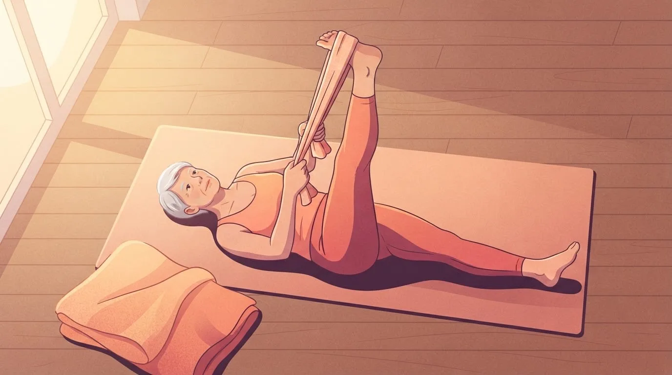 Overhead view of a woman in her sixties with silver hair lying on a mat and holding a towel around one raised foot in a hamstring stretch