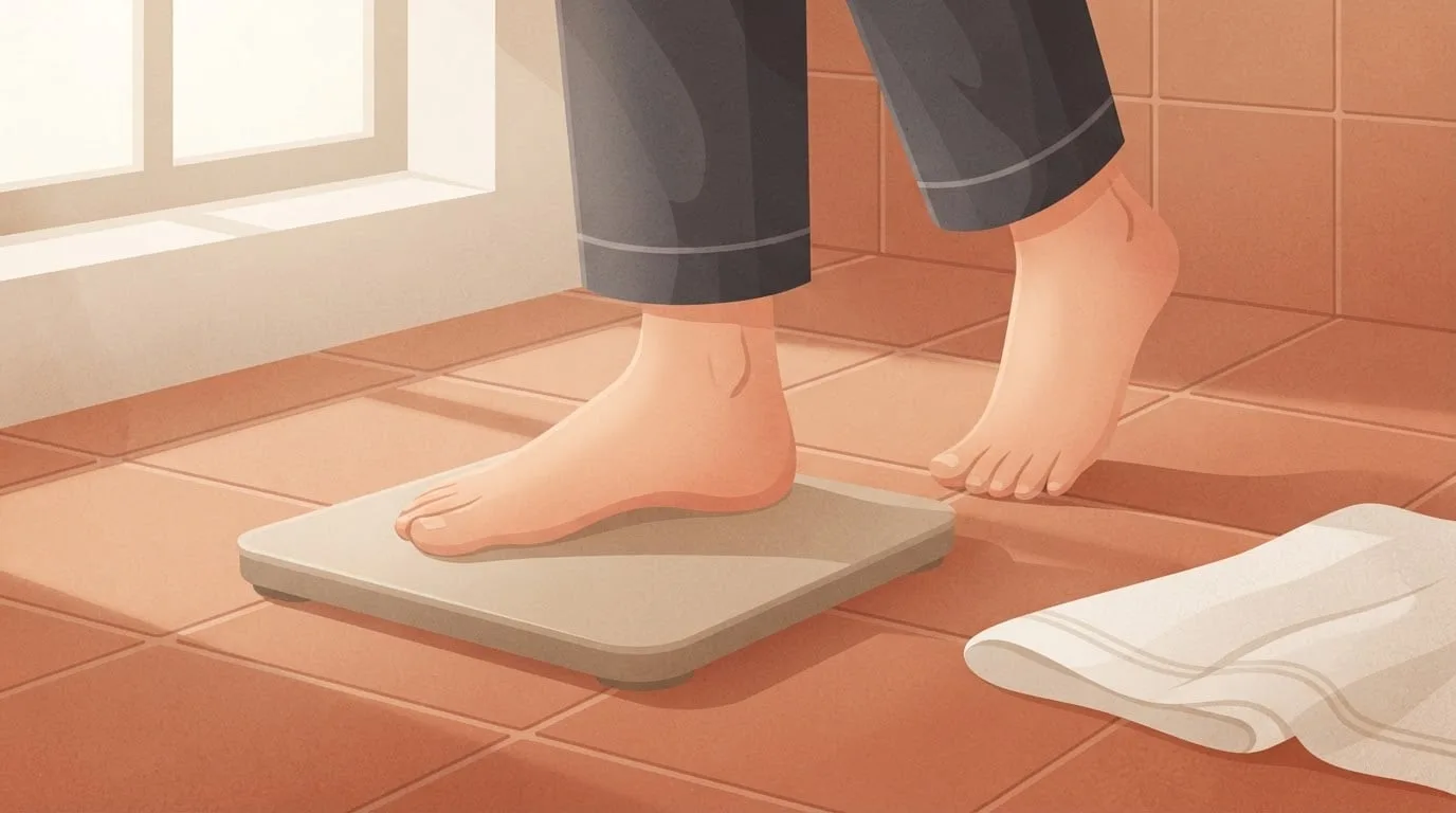Close-up of bare feet stepping onto a plain sand-colored bathroom scale on terracotta floor tiles in soft morning window light, the daily weigh-in that the self-weighing trials tested