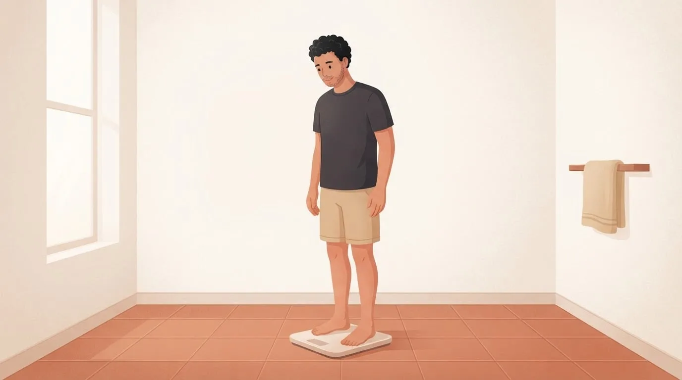 A man in his thirties in a charcoal T-shirt standing on a plain bathroom scale on a terracotta tiled floor early in the morning before breakfast, the best time to weigh yourself