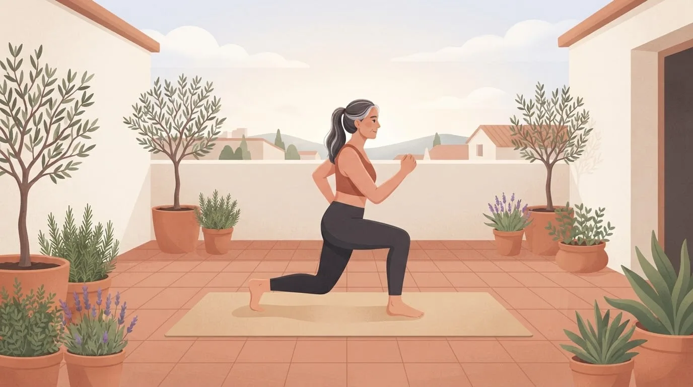 A woman in her fifties doing a bodyweight lunge on a sunny terracotta terrace with potted plants, the steady training that moves the weekly weight trend between weigh-ins