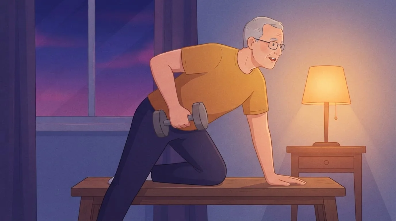 A man in his early sixties with grey hair and glasses does a one-arm dumbbell row on a wooden bench in a lamp-lit room at dusk, one hand and one knee braced on the bench