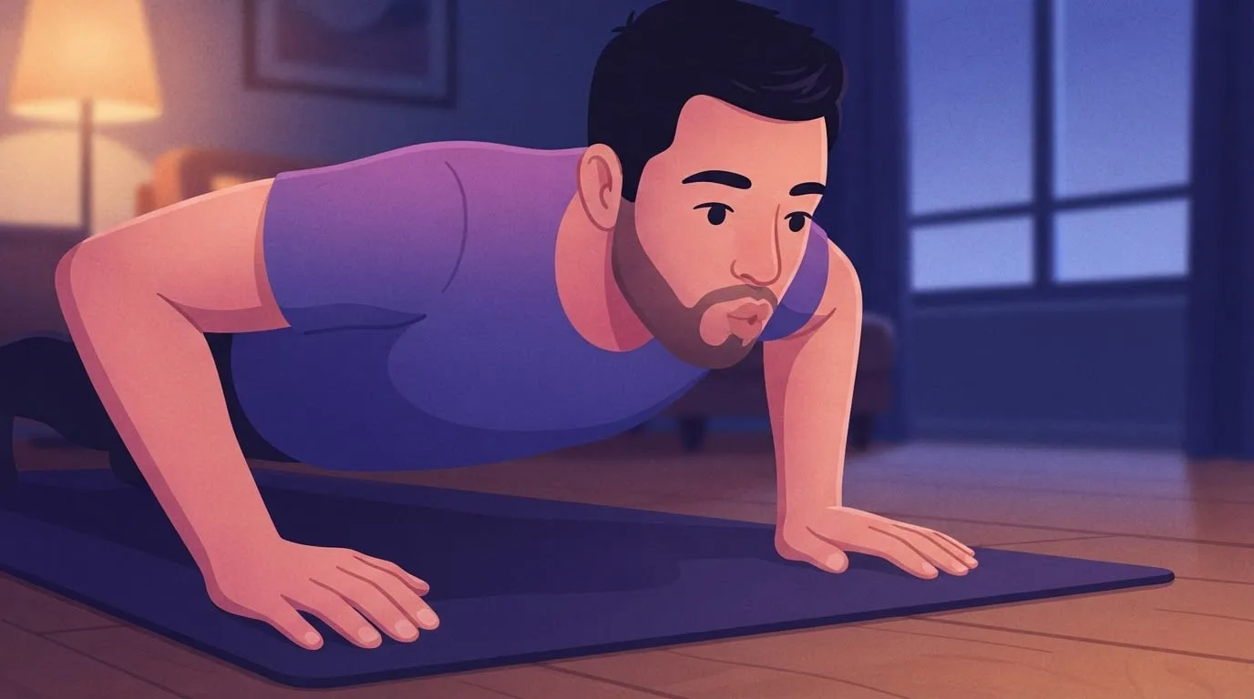 Close-up of a man at the top of a push-up on a dark mat in a lamp-lit living room in the evening, lips pursed as he breathes out, hands flat under his shoulders