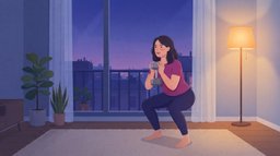 A woman in her early forties does a goblet squat with one dumbbell held at her chest in a city apartment at dusk, a violet sky in the window and a warm floor lamp glowing beside her