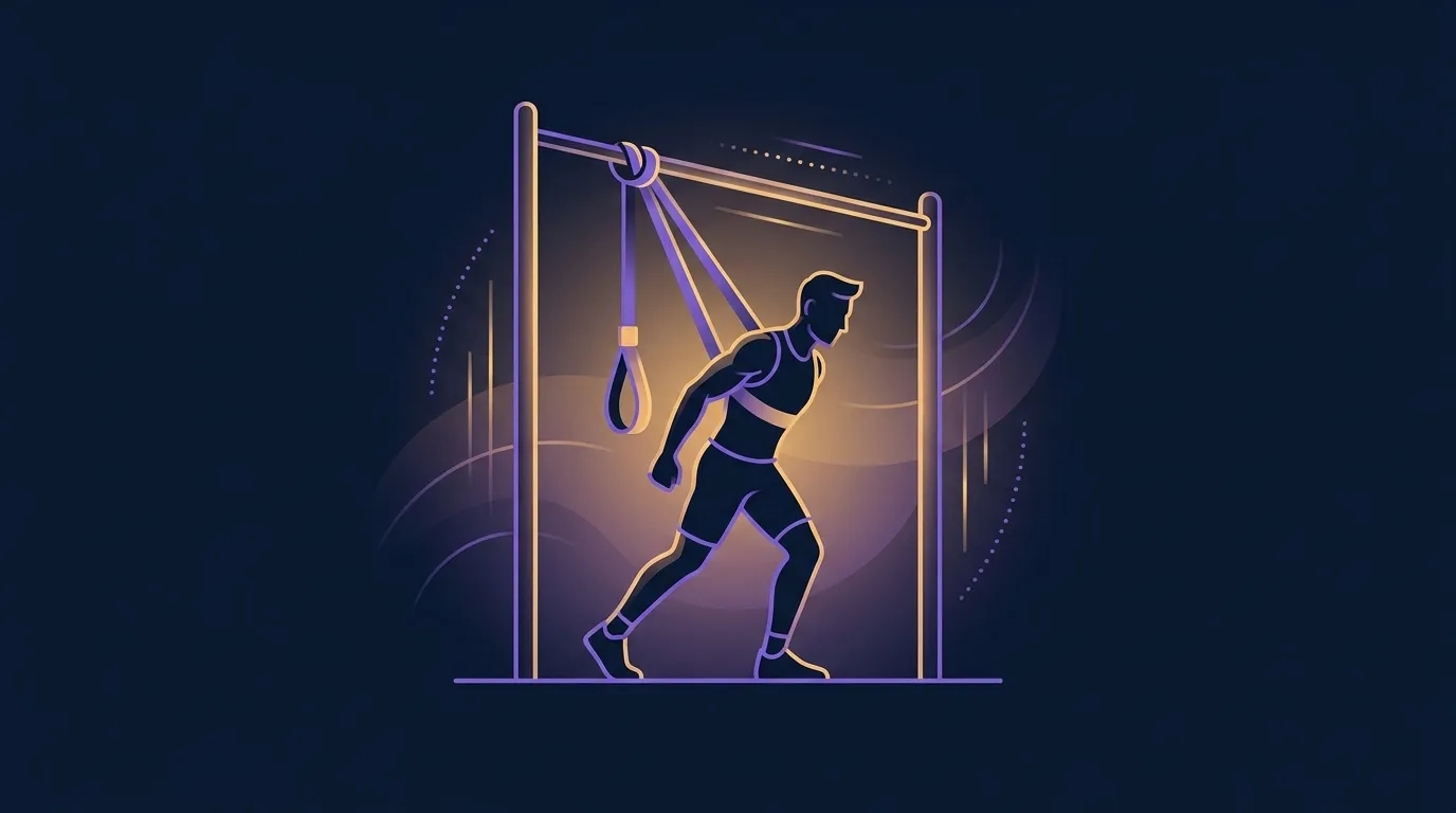 Ilustração editorial de um iniciante se aproximando de uma barra fixa com confiança e um elástico de assistência já preparado