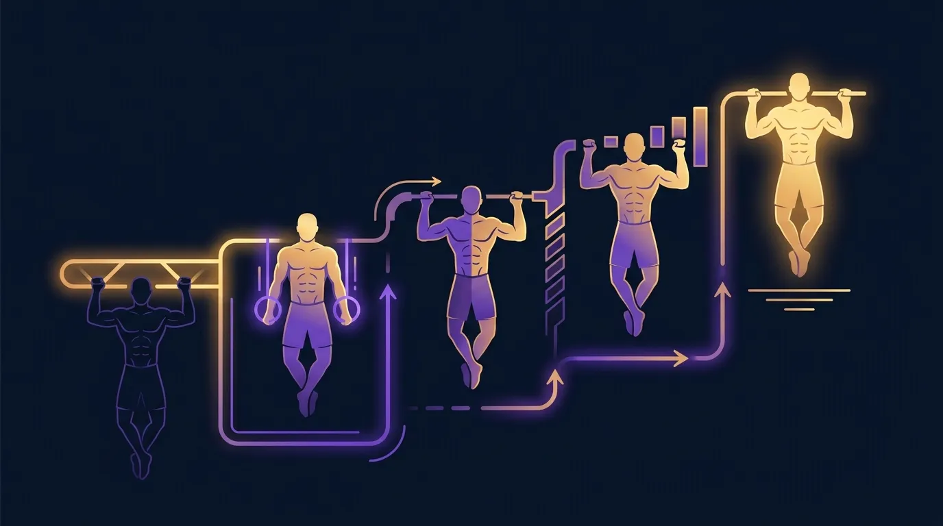 Ilustração editorial mostrando uma progressão de barra fixa para iniciante: do dead hang ao scapular pull-up, ao negativo e à barra completa