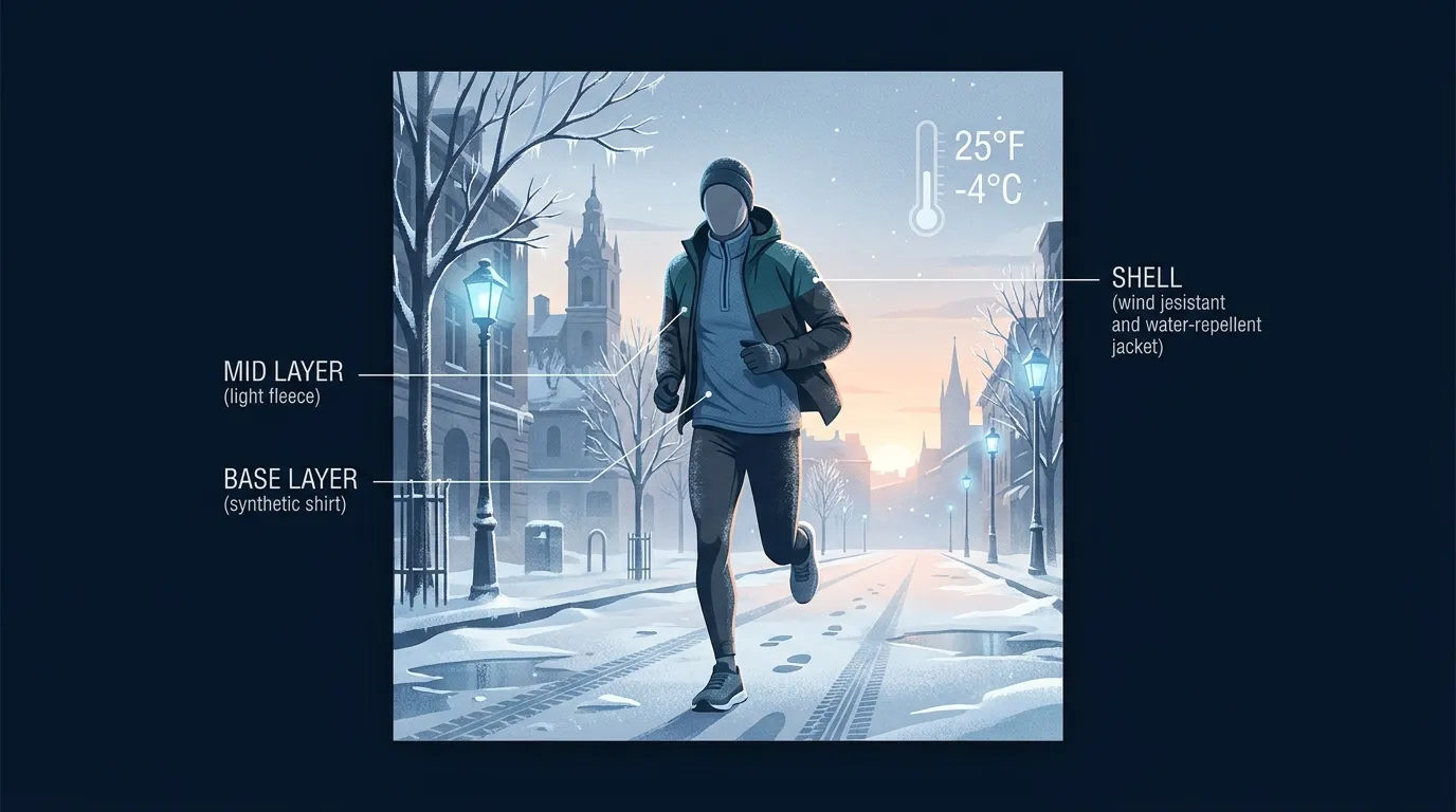 Redaktionelle Illustration eines Läufers in einem Drei-Schichten-Kälteschutz-Outfit (Basis, Mitte, Außenhülle) auf einer frostigen Stadtstraße mit thermischen Beschriftungen