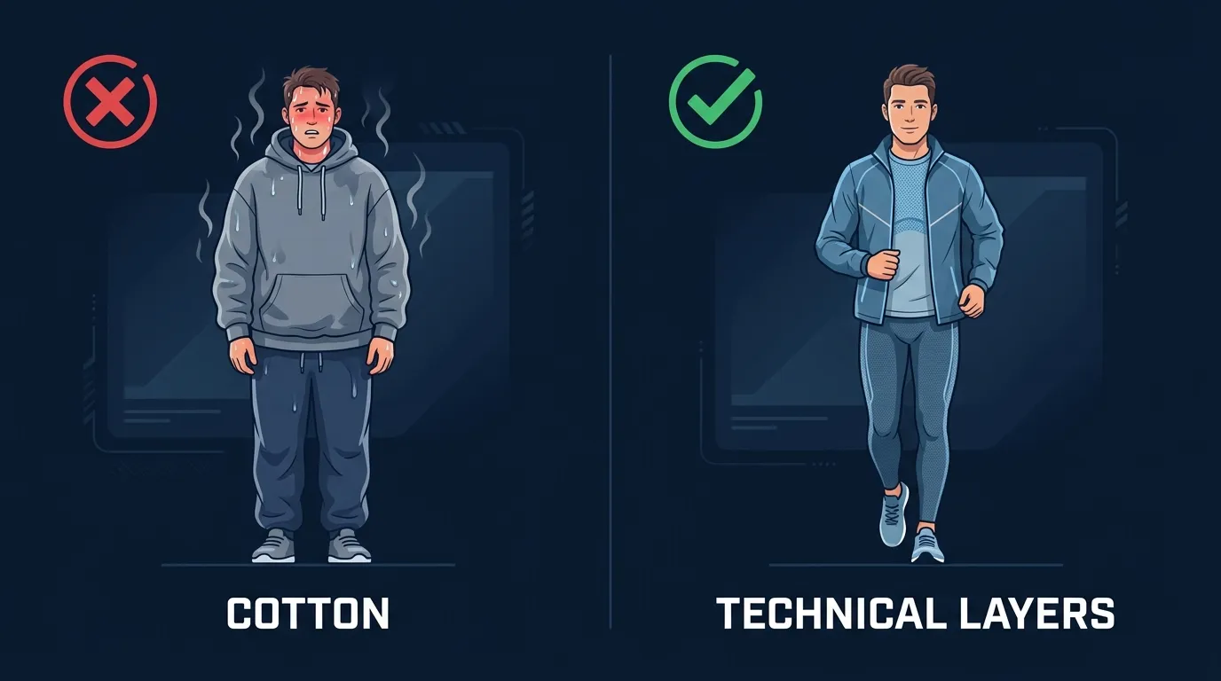 Redaktionelle Illustration des Kontrasts zwischen einem schweißdurchnässten, zu warm angezogenen Läufer in Baumwolle und einem richtig geschichteten Läufer in feuchtigkeitsableitender Kleidung