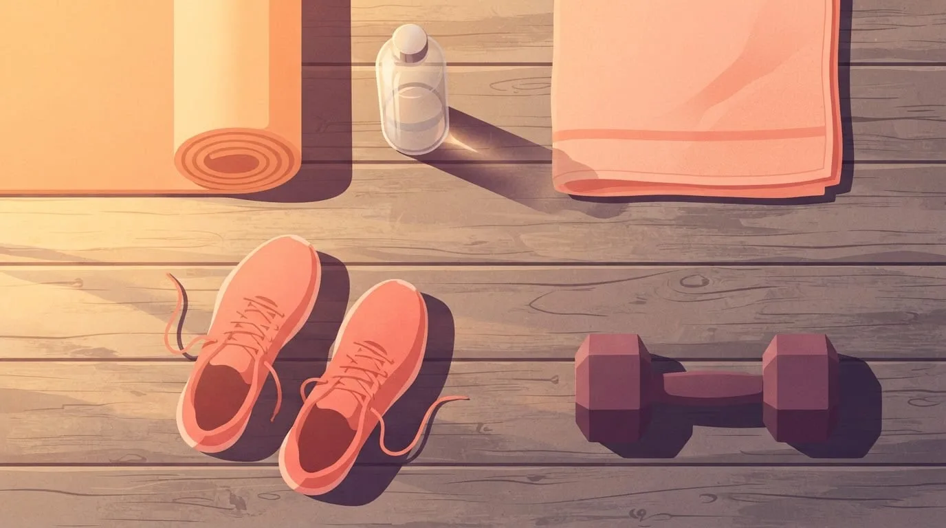 Overhead view of a pair of coral running shoes, a single dumbbell, a rolled exercise mat, a water bottle and a folded towel on a wooden porch at sunrise, the kit for getting back into running with strength work