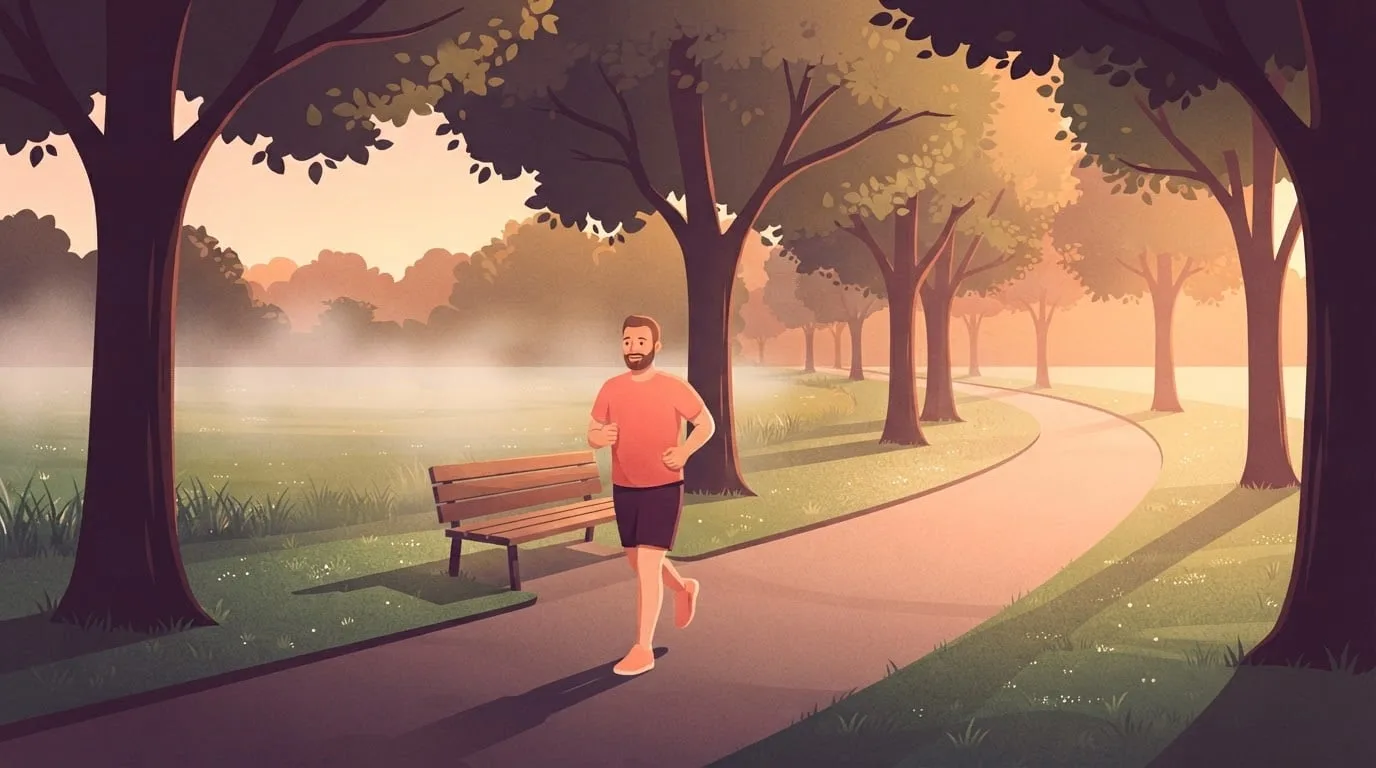 A man in his late thirties jogging slowly and comfortably along a tree-lined park path at sunrise, getting back into running at an easy pace after a long break