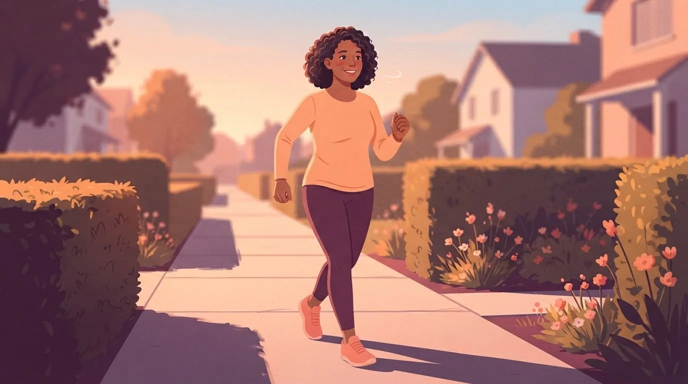 A woman in her early fifties taking a planned walk break during a run-walk session on a quiet residential street at sunrise, breathing easily and smiling