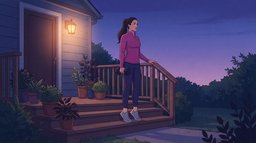 A woman in a magenta top doing standing calf raises on her front porch steps at dusk, a plain dumbbell in one hand and the other hand on the railing, while a porch lamp glows beside the door
