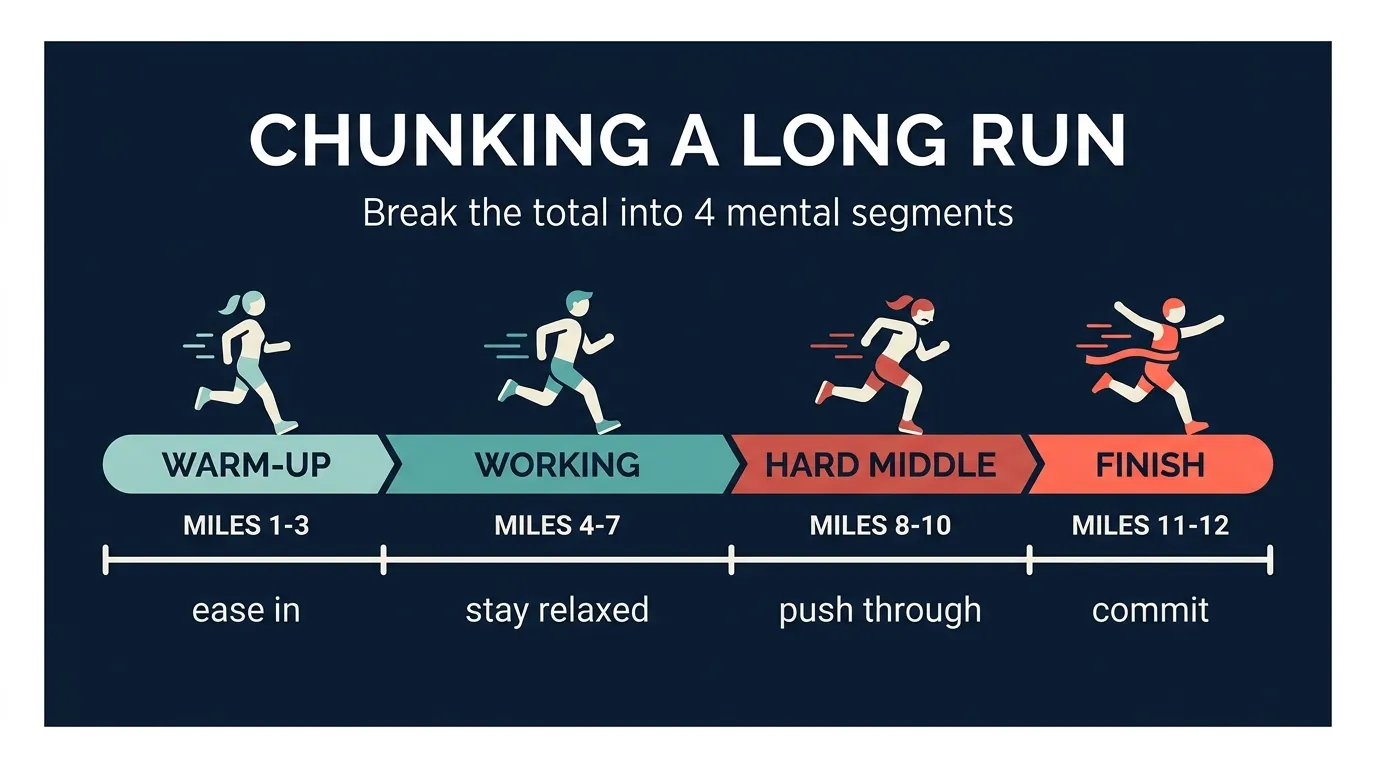 Diagram showing a 12-mile long run split into 4 mental segments: warmup miles 1-3, working miles 4-7, hard middle miles 8-10, finish miles 11-12. Each segment gets its own cognitive focus and self-talk cue.