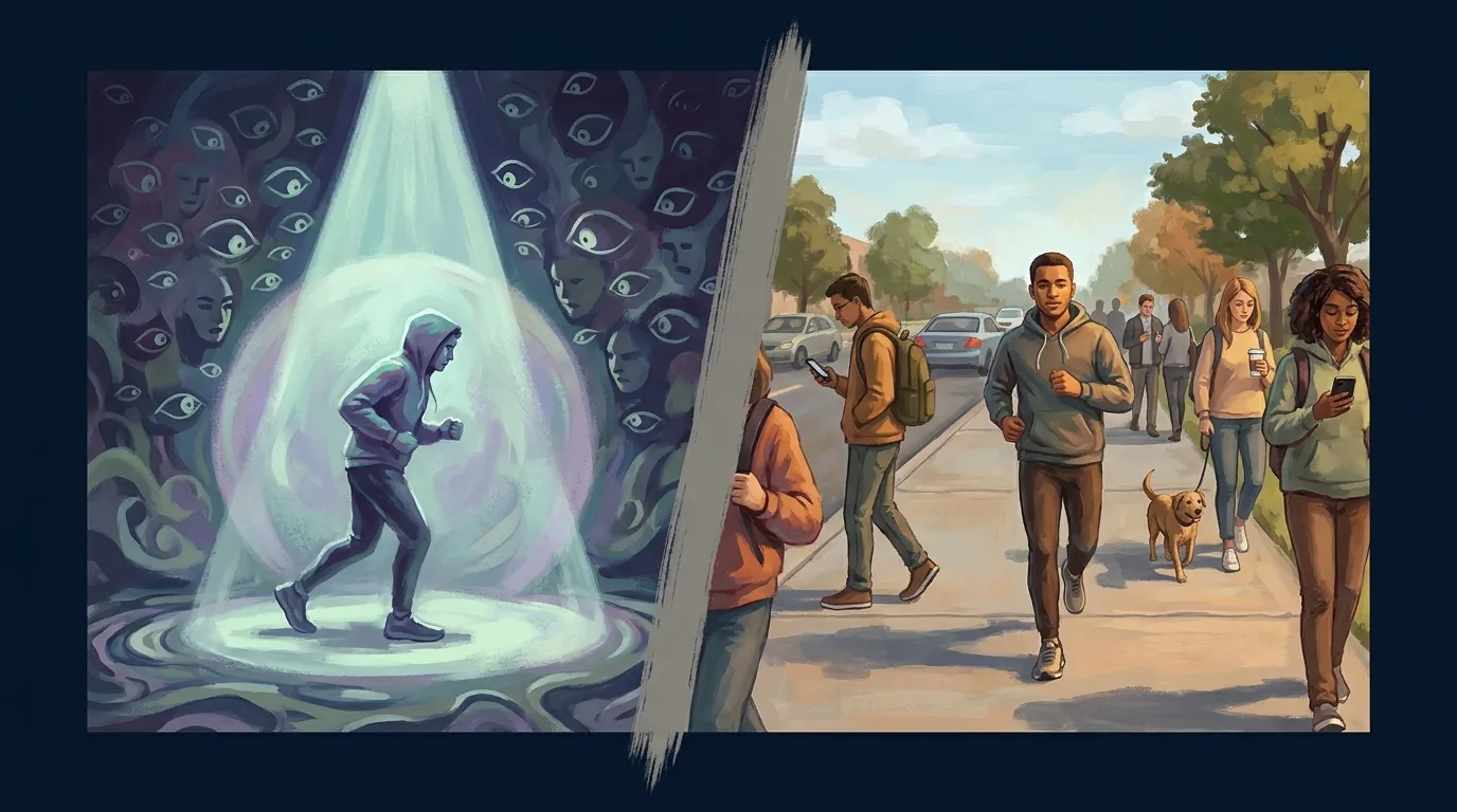 Editorial illustration showing one runner imagining everyone is watching, while in reality every passerby is looking at their phone or distracted by their own life