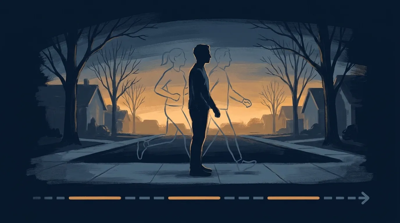 Editorial illustration of a beginner runner alternating between slow jogging and brisk walking on a quiet morning sidewalk