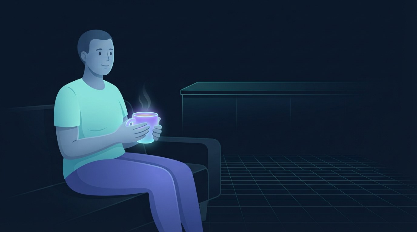 Un adulto sentado en un sofá en la noche sosteniendo una taza caliente, con una mesada de cocina oscura y ordenada visible detrás