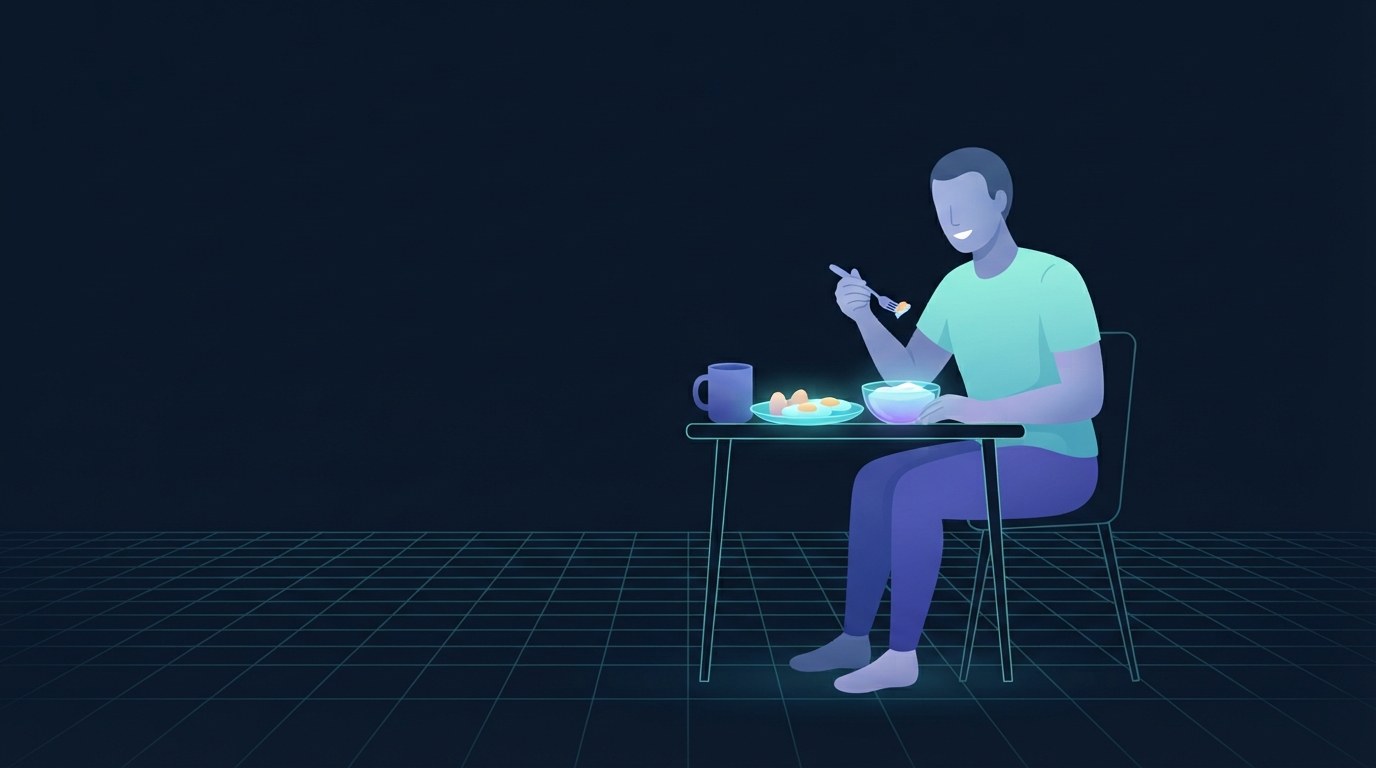 Un adulto comiendo una comida matutina rica en proteína de huevos y yogur en una mesa a la luz del día, el plato iluminado desde dentro