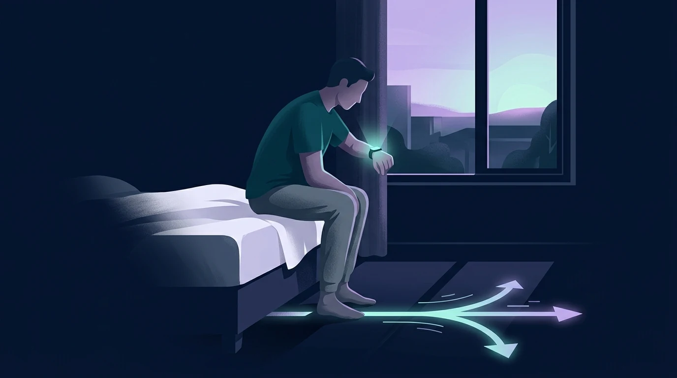 Conceptual illustration of a person looking at a low HRV reading on a wearable while deciding whether to train, with a branching path showing options to reduce intensity, train as planned, or rest