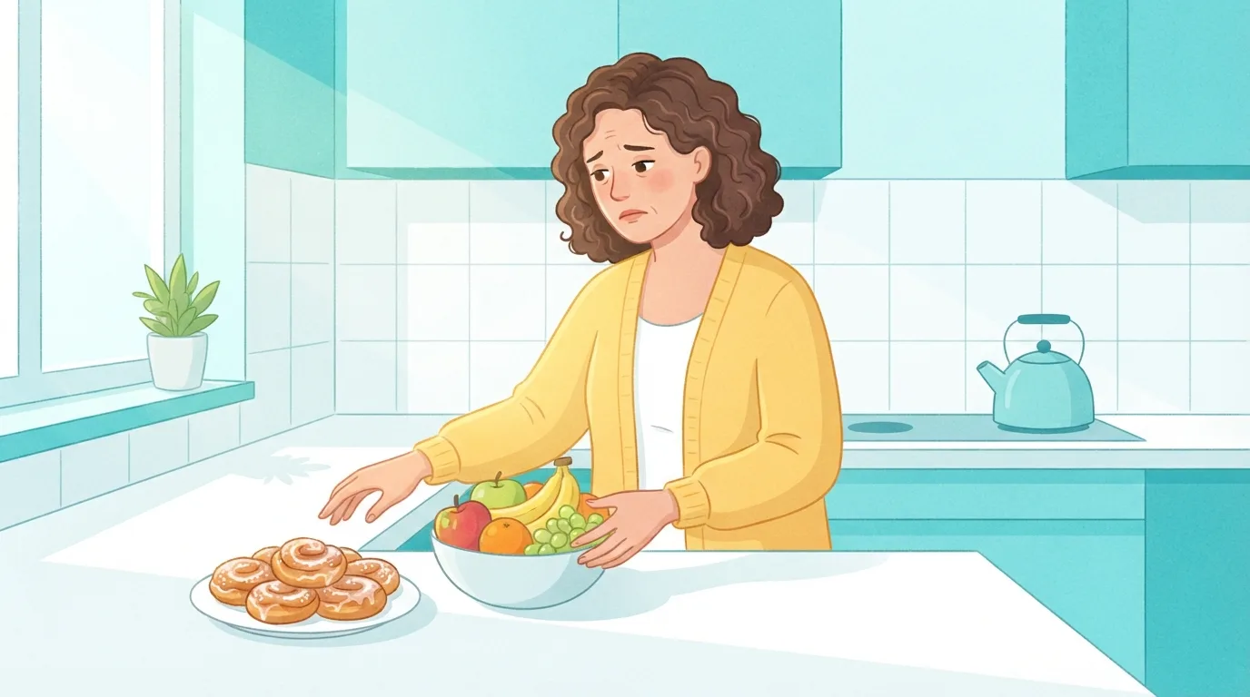 Uma mulher de aparência cansada na casa dos quarenta anos, com cabelo cacheado e um cardigã amarelo, em uma cozinha clara turquesa e branca, com uma mão sobre uma tigela de frutas enquanto alcança um prato de doces glaceados, o apetite extra que vem depois de dormir pouco
