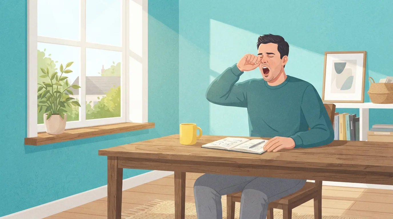 Um homem na casa dos trinta anos bocejando e esfregando um olho em uma mesa de madeira, em uma sala turquesa ensolarada, com uma caneca amarela e um caderno aberto à frente, cansado após uma noite de 6 horas de sono