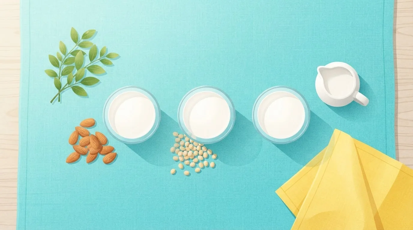 Overhead view of three glasses of milk on a turquoise tablecloth, with whole almonds beside the first, dried soybeans beside the second and a small white milk jug beside the third