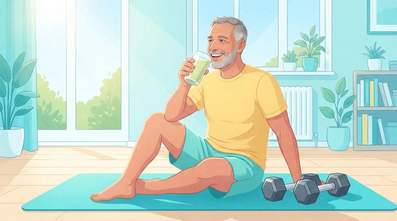 Medium view of a smiling man in his fifties sitting on a turquoise exercise mat in a sunny living room after a dumbbell workout, drinking a smoothie from a clear glass with a pair of dumbbells beside him