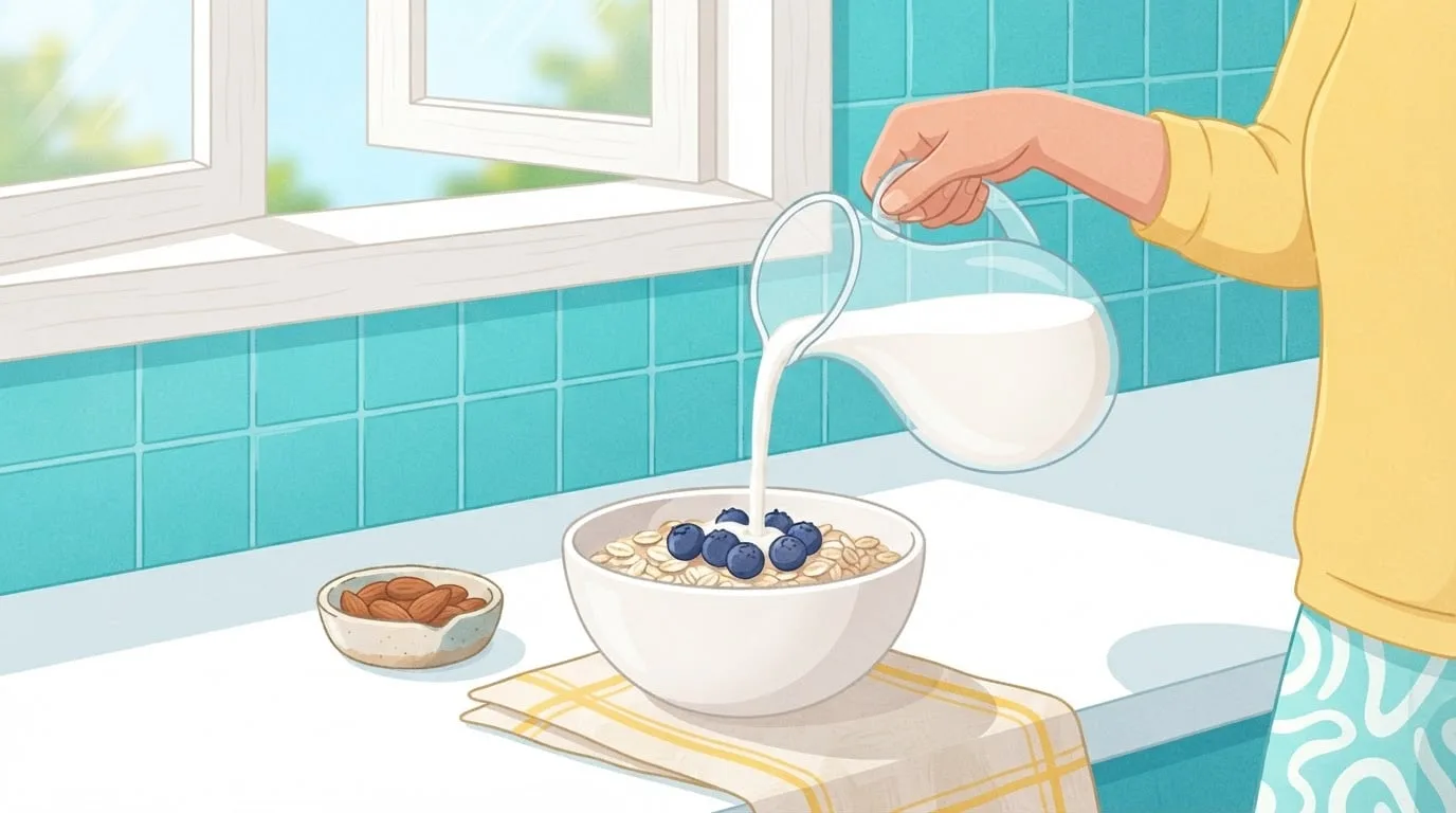 Close-up of a hand pouring almond milk from a clear glass pitcher into a bowl of oats topped with blueberries, beside a small dish of whole almonds on a sunny kitchen counter with turquoise tiles