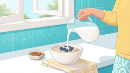 Close-up of a hand pouring almond milk from a clear glass pitcher into a bowl of oats topped with blueberries, beside a small dish of whole almonds on a sunny kitchen counter with turquoise tiles