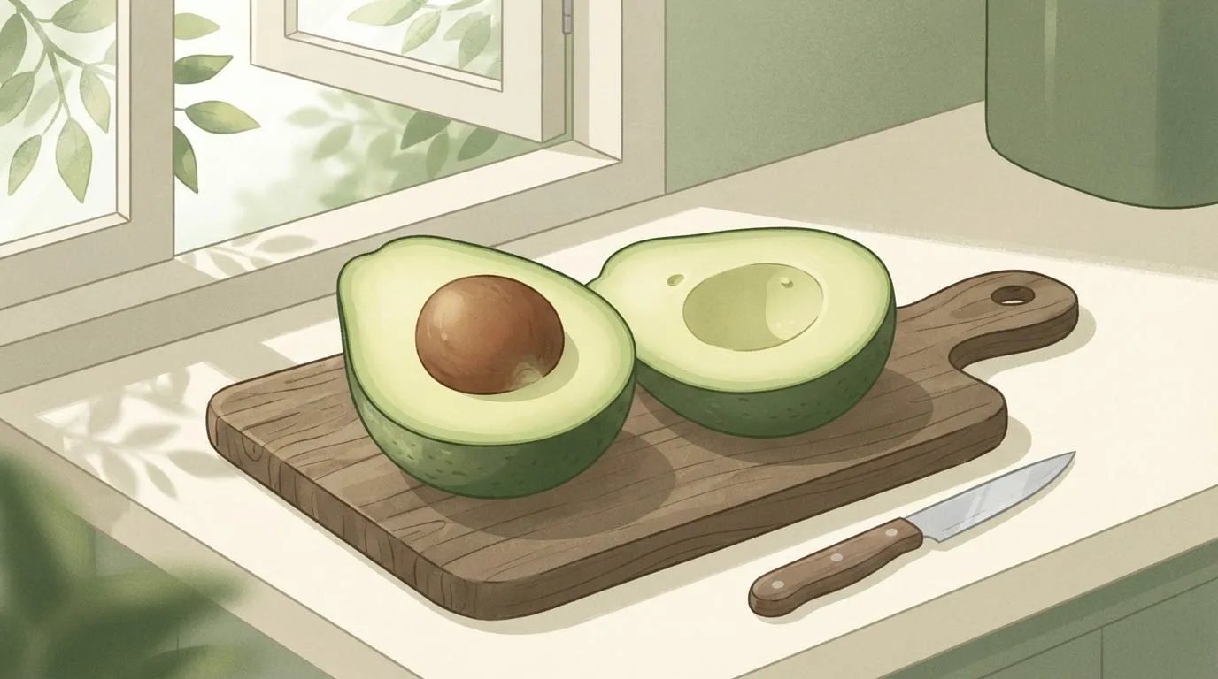 Eine reife Avocado, auf einem Holzbrett an einem sonnigen Fenster halbiert, eine Hälfte mit dem großen braunen Kern und die andere mit der hellgrünen Mulde, daneben ein kleines Schälmesser neben dem Brett