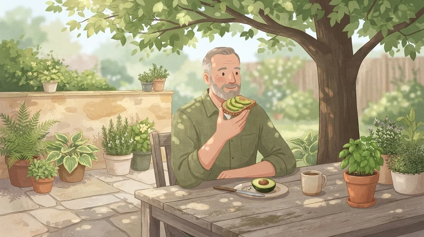 Ein Mann mit grauem Bart in einem olivgrünen Hemd isst an einem Holztisch auf einer Terrasse unter einem Laubbaum Vollkorntoast mit Avocadoscheiben, neben ihm eine halbe Avocado und ein Becher Kaffee