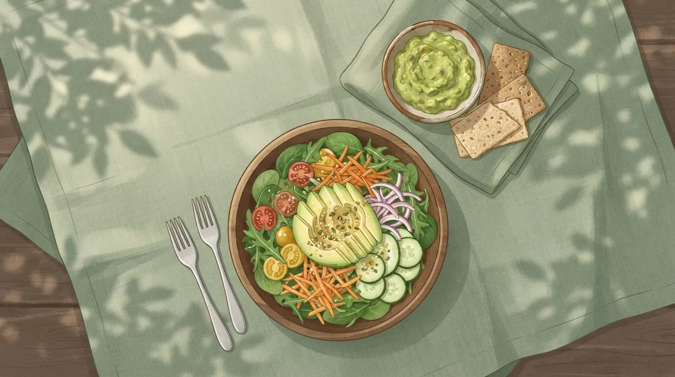Ansicht von oben auf eine Holzschüssel mit Salat aus Blattgrün, Kirschtomaten, geraspelten Karotten, Gurke und fächerförmig gelegten Avocadoscheiben auf einer salbeigrünen Tischdecke, daneben eine kleine Schale Guacamole mit Vollkorncrackern und zwei Gabeln