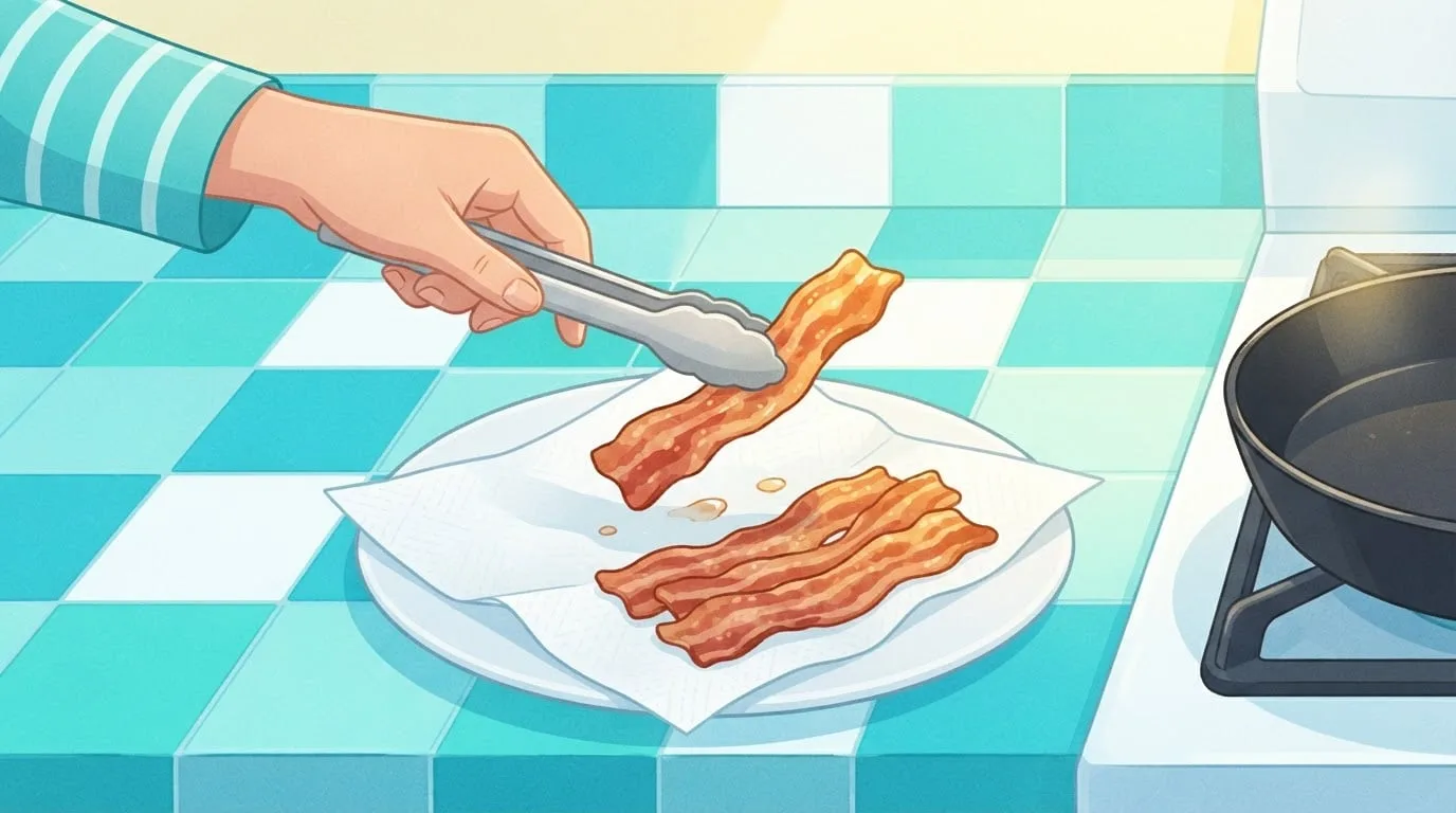 Close-up of a hand using tongs to lift a strip of crisp cooked bacon onto a paper towel on a white plate beside a skillet, on a sunny kitchen counter with aqua tiles