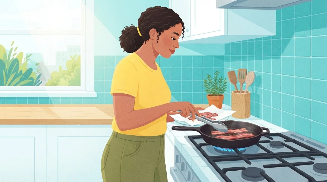 Medium shot of a woman in her thirties in a yellow shirt turning bacon strips with tongs in a skillet on a stovetop in a bright kitchen with turquoise tiles and midday sun through the window