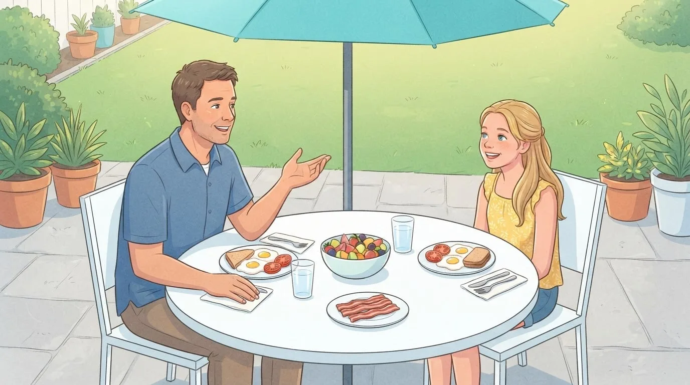 Wide view of a father and his teenage daughter at a sunny patio breakfast table under a turquoise umbrella, sharing plates of eggs, sliced tomatoes, toast and fruit with a small side of bacon strips