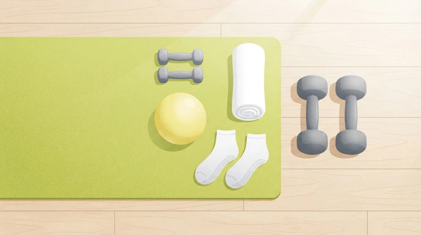 Draufsicht auf eine limettengrüne Gymnastikmatte auf einem Holzboden mit kleinen grauen Handgewichten, einem gelben weichen Ball, einem aufgerollten weißen Handtuch und Antirutsch-Socken, daneben ein Paar größere graue Kurzhanteln
