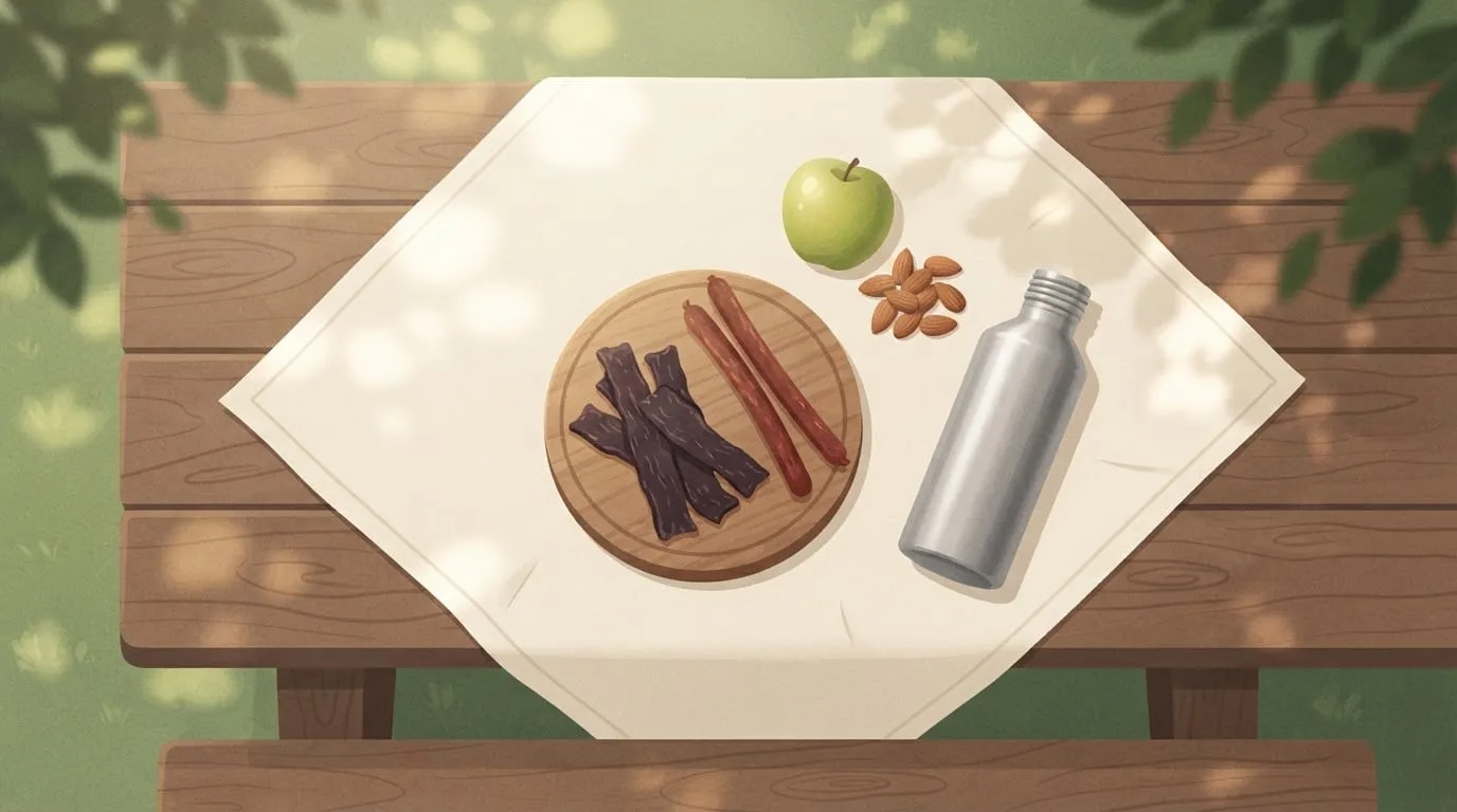 Overhead view of a picnic table with a cream cloth holding a small wooden board of beef jerky strips and two smoked meat sticks, a green apple, a few almonds and a metal water bottle in dappled light