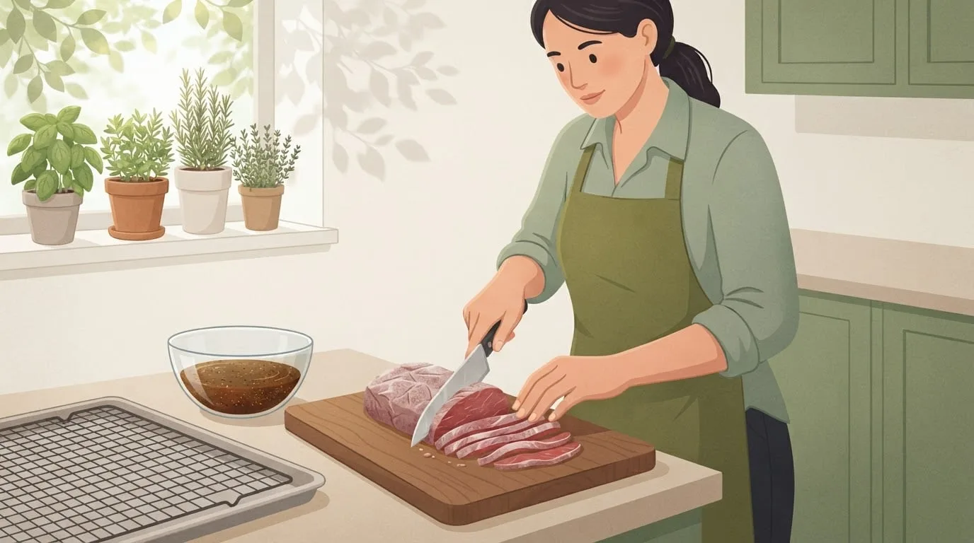 A woman in her thirties in an olive apron slices a lean beef roast into thin strips for homemade beef jerky on a wooden board, with a bowl of marinade and a wire rack on a baking sheet beside her in a kitchen with potted herbs