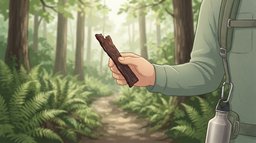 Close-up of a hiker's hand holding up a strip of beef jerky with one end bitten off on a fern-lined forest trail, a metal water bottle clipped to his sage-green backpack strap