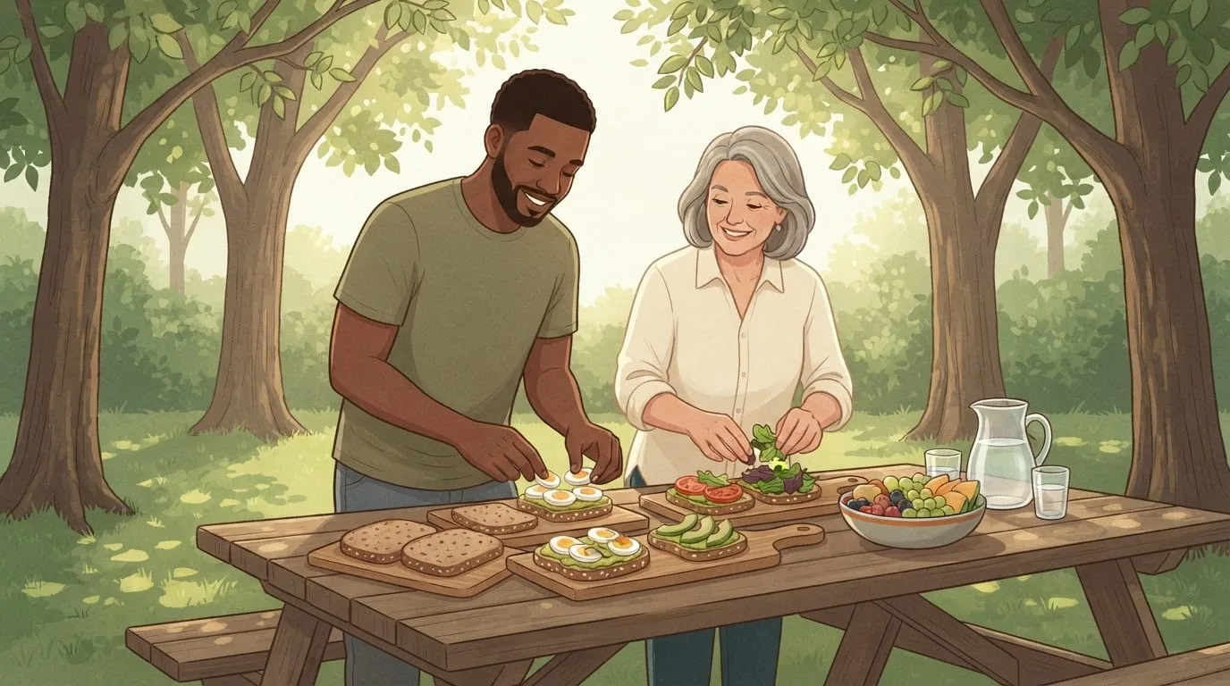 Weitwinkelansicht eines Mannes in den Dreißigern und einer Frau in den Fünfzigern, die an einem Holz-Picknicktisch unter Laubbäumen offene Sandwiches auf Vollkornbrot mit Eierscheiben, Avocado, Tomate und Salatblättern zubereiten, auf dem Tisch stehen eine Obstschale und ein Wasserkrug