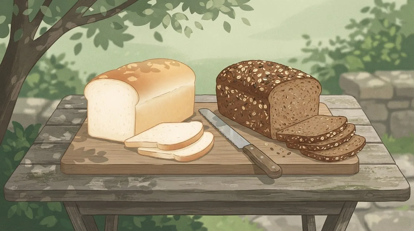 Ein weiches weißes Toastbrot und ein dichtes Vollkornbrot mit Saaten liegen nebeneinander auf einem Holzbrett auf einem Gartentisch im Laubschatten, von beiden sind ein paar Scheiben abgeschnitten, dazwischen liegt ein Brotmesser