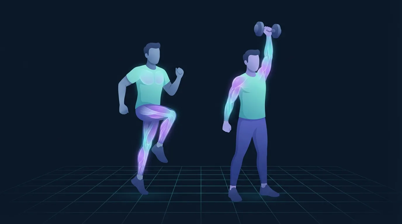 Illustration von zwei Erwachsenen nebeneinander, einer läuft auf der Stelle mit leuchtenden Waden und Oberschenkelrückseiten, der andere drückt eine Kurzhantel über Kopf mit leuchtenden Schultern und Armen, Vergleich von Cardio und Krafttraining für den Fettabbau