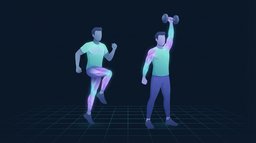 Illustration of two adults side by side, one running in place with the calves and hamstrings glowing and one pressing a dumbbell overhead with the shoulders and arms glowing, comparing cardio and weight training for fat loss