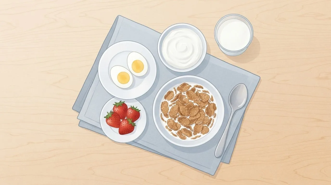 Vista cenital de un desayuno en una mesa de abedul: un bol de copos de salvado integral con leche, un bol pequeño de yogur griego natural, un huevo duro partido por la mitad, unas fresas, una cuchara y un vaso de leche sobre una servilleta gris azulado pálido