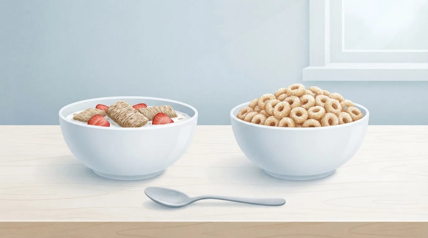 Dos boles blancos de cereal uno junto al otro sobre una encimera de abedul con suave luz diurna gris: a la izquierda, galletas de trigo integral triturado natural con leche y fresas en rodajas, y a la derecha, aros de cereal escarchados con cristales de azúcar, con una cuchara delante