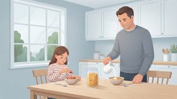 Wide view of a father in a grey sweater pouring milk into a bowl of whole-grain cereal flakes while his young daughter adds sliced strawberries to her bowl at a birch kitchen table on an overcast morning, with a glass jar of cereal between them