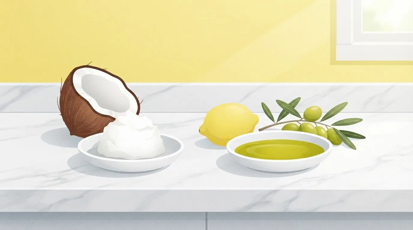 Two small white dishes side by side on a marble counter, one holding a mound of solid white coconut oil in front of a halved coconut and the other holding liquid golden olive oil beside a sprig of olives and a lemon