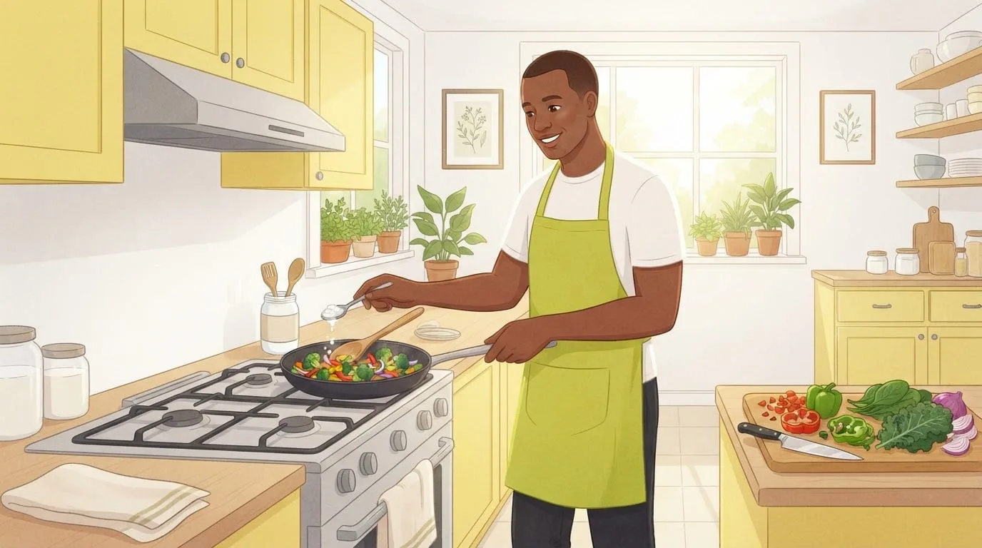 Wide view of a man in a lime green apron in a sunny kitchen with yellow cabinets, adding a small spoonful of coconut oil to a skillet of colorful vegetables on the stove