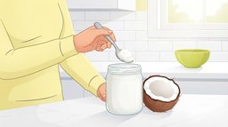 Close-up of a hand lifting a spoonful of solid white coconut oil from a plain glass jar on a white kitchen counter, with half a cracked coconut beside the jar and a lime green bowl in the background