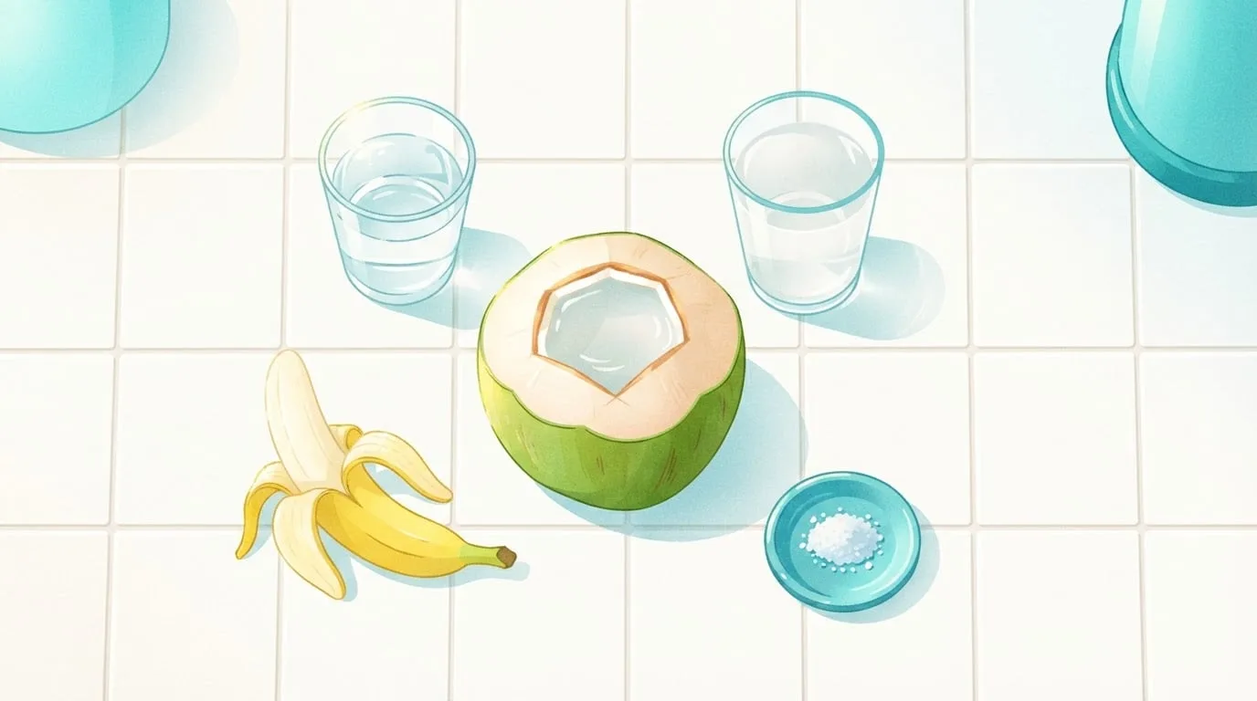 Overhead view of a white tiled counter with an opened young green coconut, a glass of coconut water, a glass of plain water, a peeled banana and a small turquoise dish of coarse salt